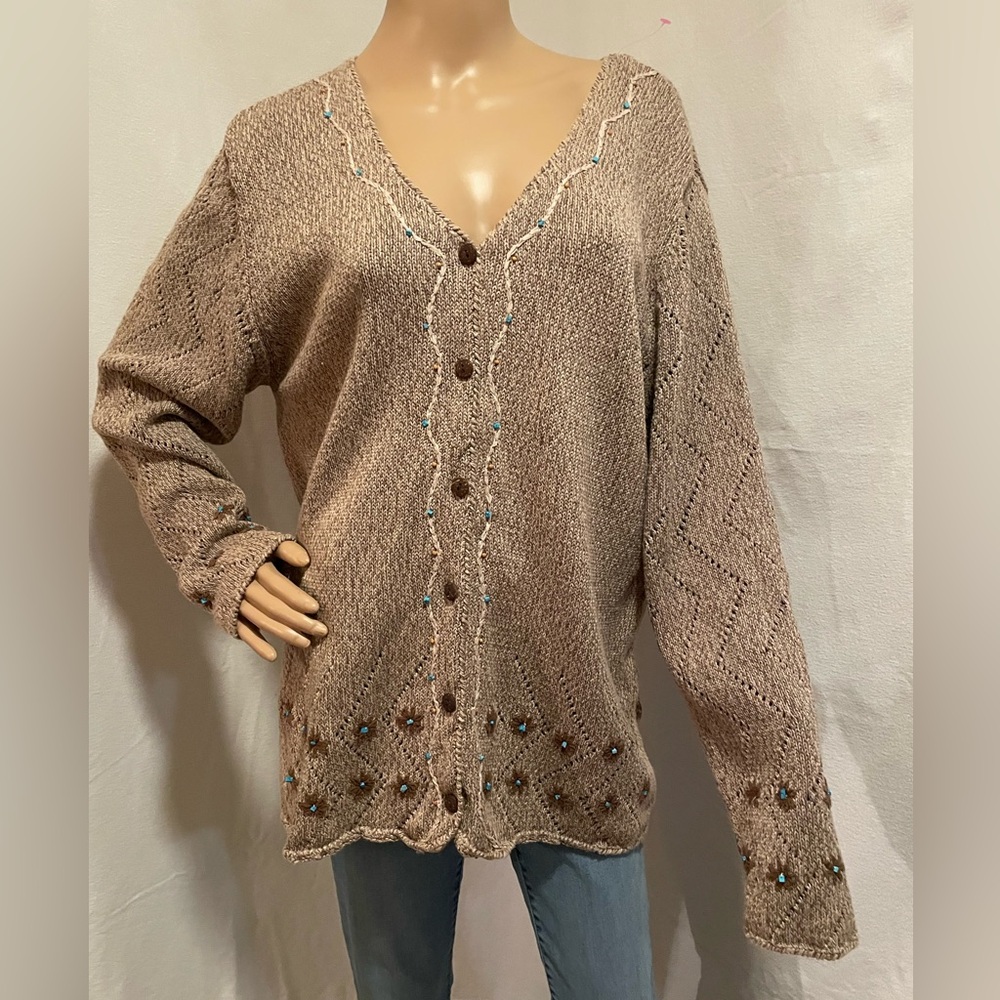 Coldwater Creek Tan Knit Cardigan with Wood Buttons and Turquoise accents